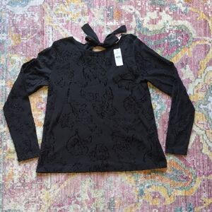LOFT Women’s Black Burnout Floral Long Sleeve Top M NWT Velvet Tie Neck Blouse